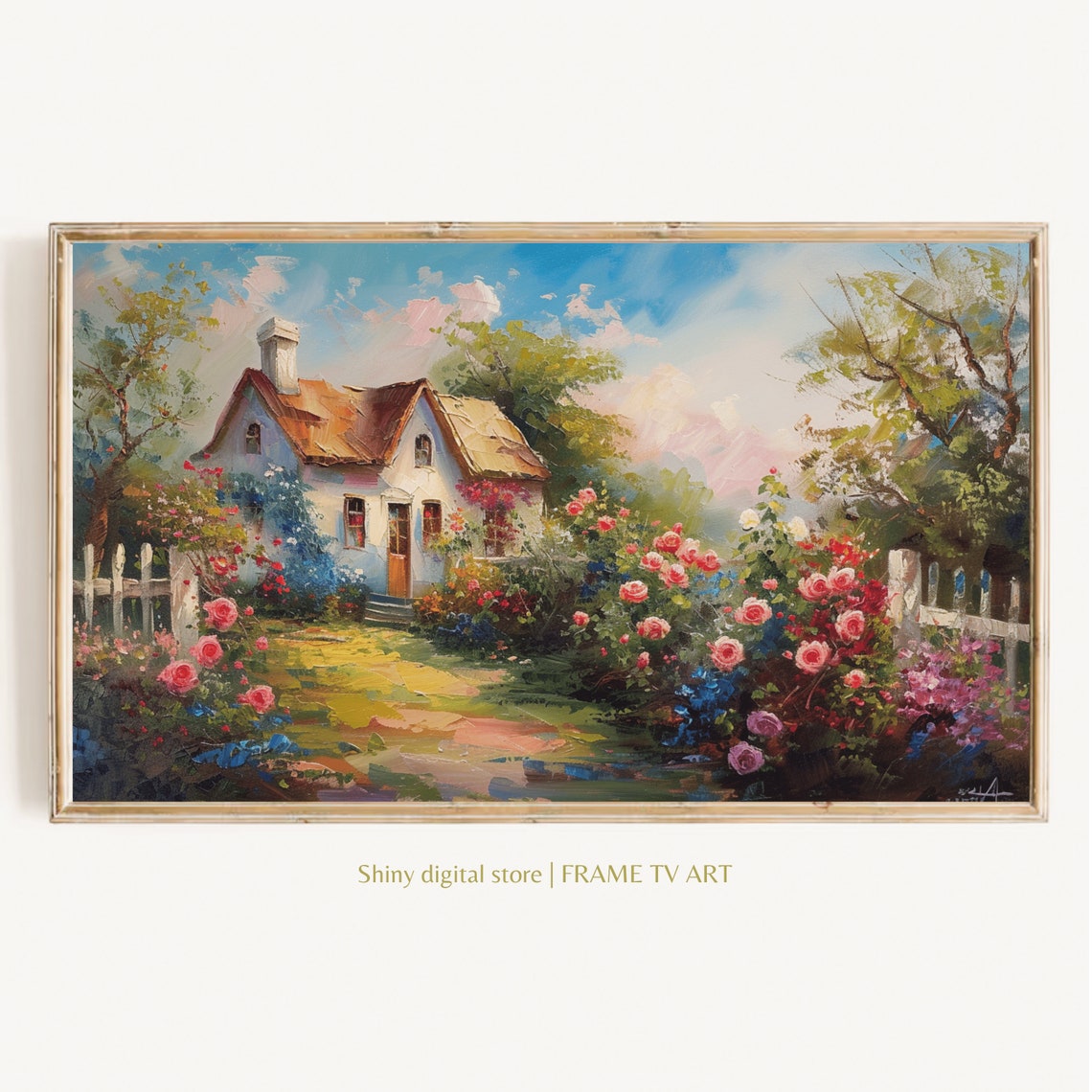 Thatched Cottage Rose Garden White Picket Fence Countryside Art Poster