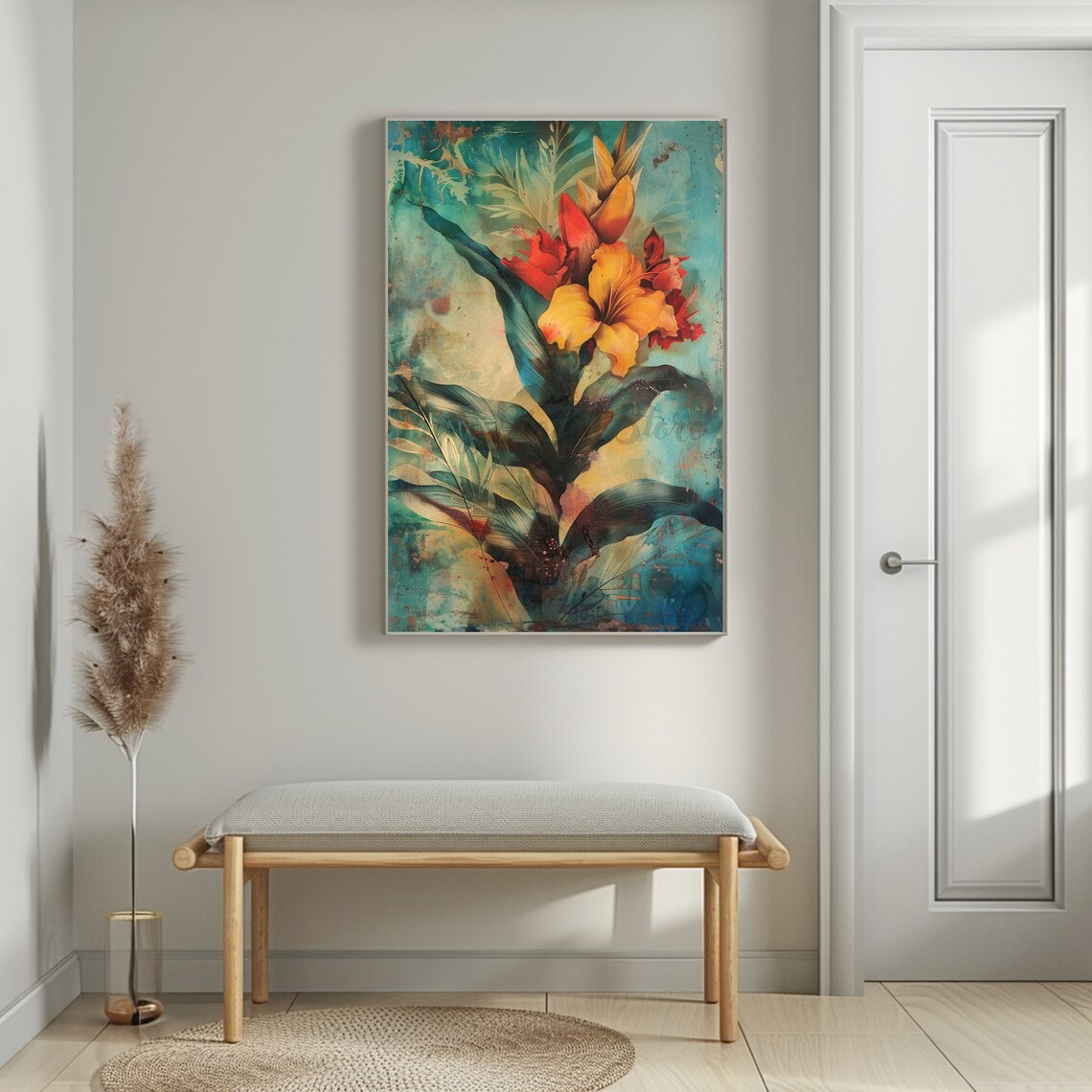 Golden Gladiola Blooms Teal Distressed Vintage Botanical Art Poster - Image 2