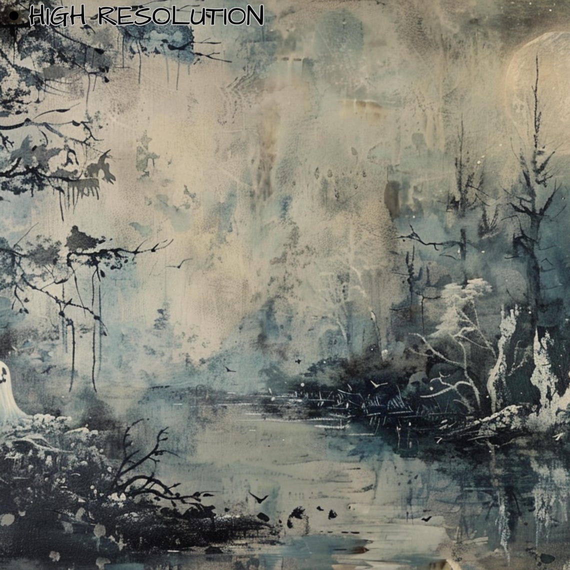 Vintage Ghost Moonlit Swamp Spooky Halloween Forest Landscape Poster - Image 3