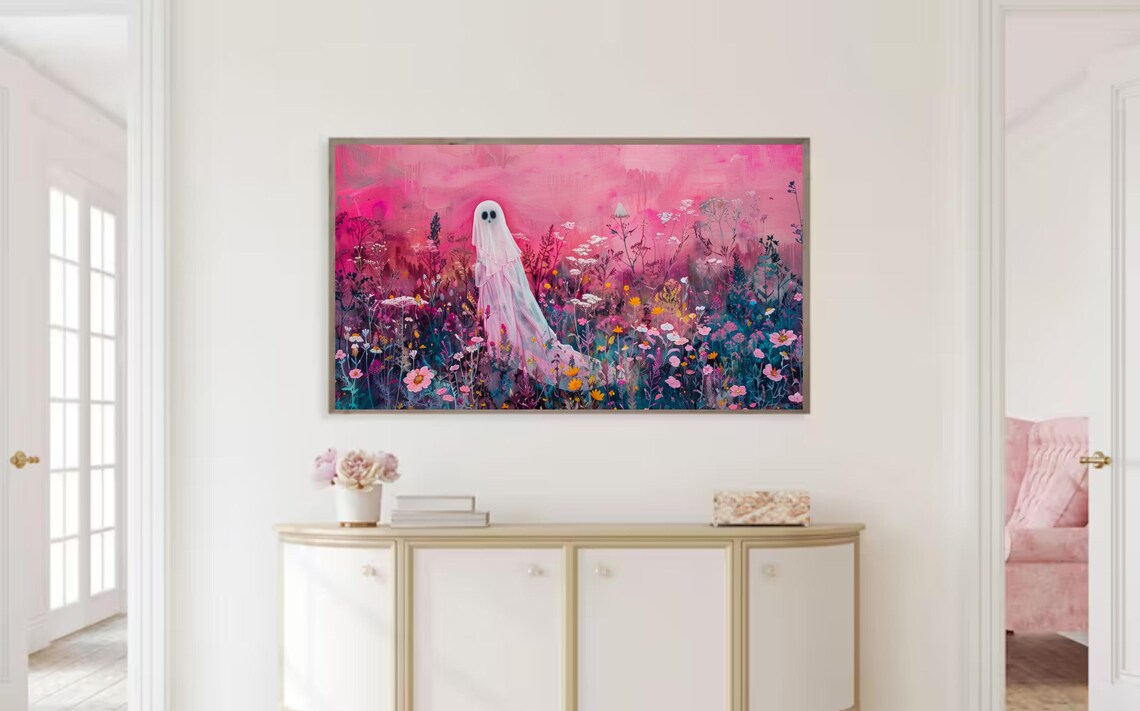 Pink Ghost In Wildflower Meadow Dreamy Halloween Floral Poster - Image 2