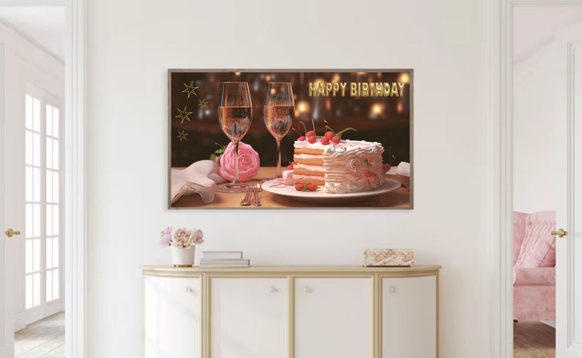 Happy Birthday Champagne Cake Gold Celebration Party Table Art Poster - Image 2