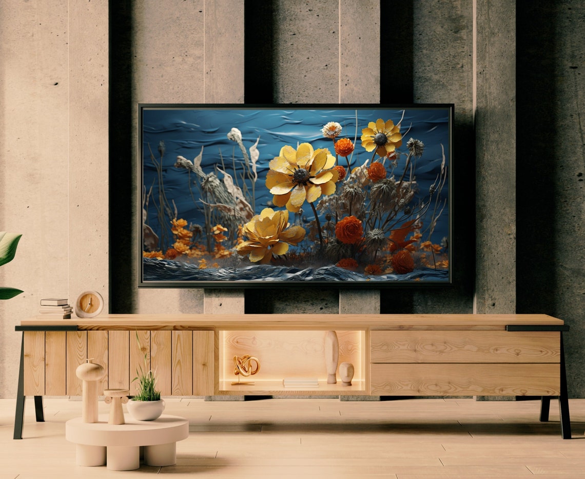 Golden Yellow Flowers 3D Textured Blue Wave Background Floral Print - Image 2