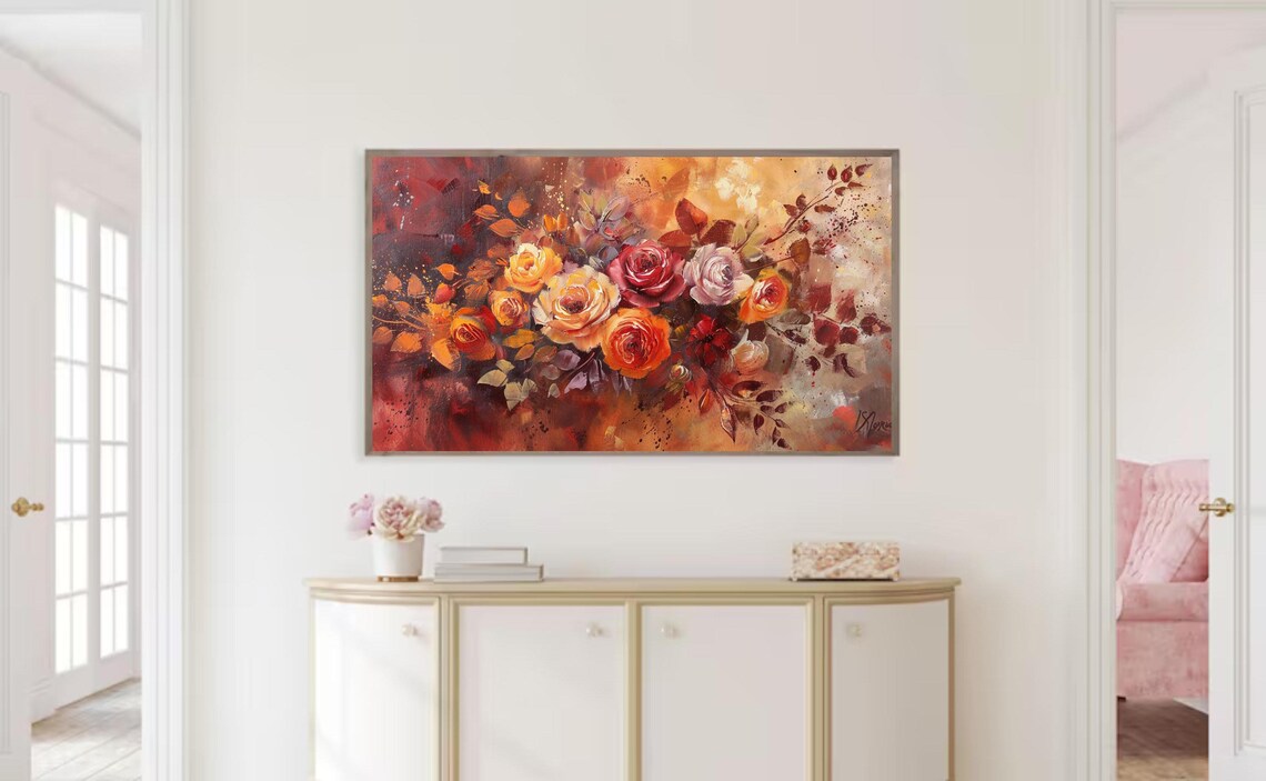 Autumn Roses Bouquet Warm Orange Red Flowers Oil Painting Poster - Image 2