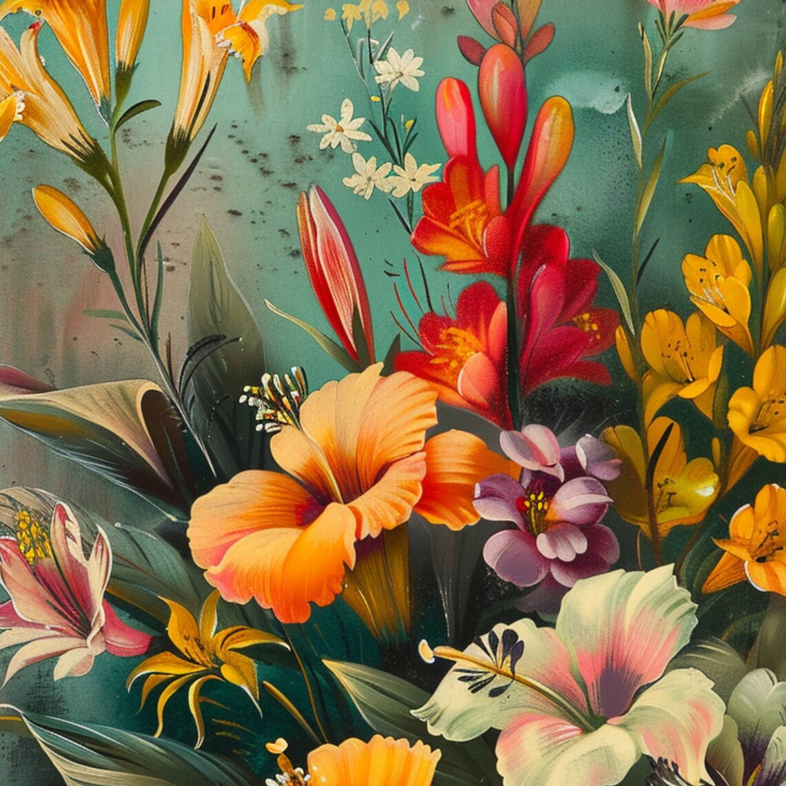 Tropical Hibiscus Lily Bouquet Retro Teal Vintage Flower Art Poster - Image 3