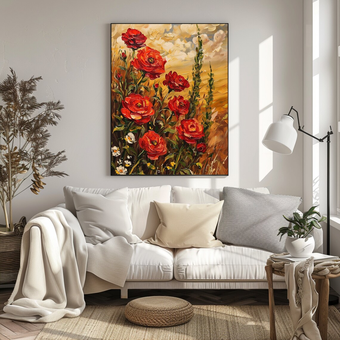 Red Rose Blooms Golden Cloudy Sky Impasto Romantic Floral Art Poster - Image 3