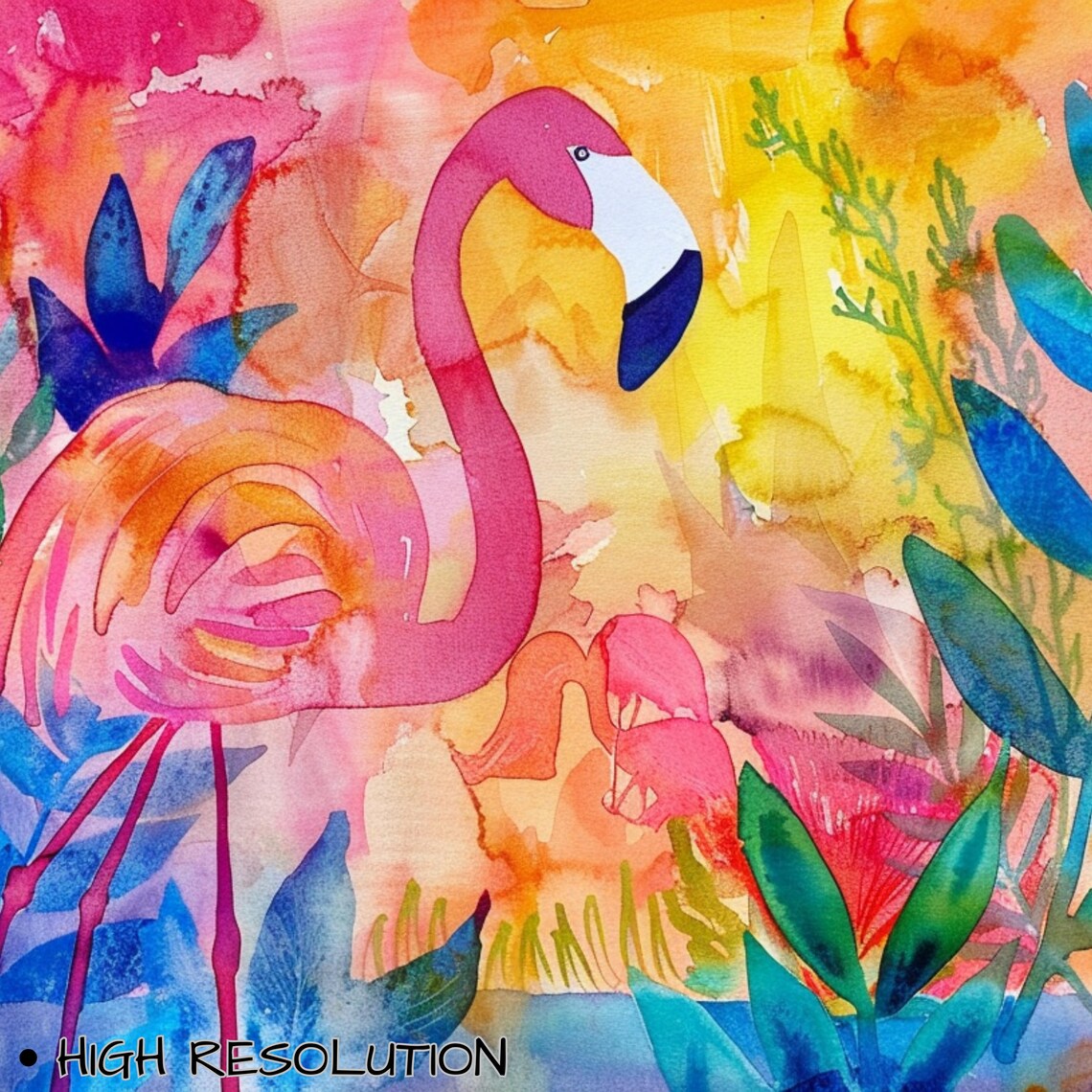 Pink Flamingo Tropical Foliage Rainbow Watercolor Bird Wall Art Poster - Image 3