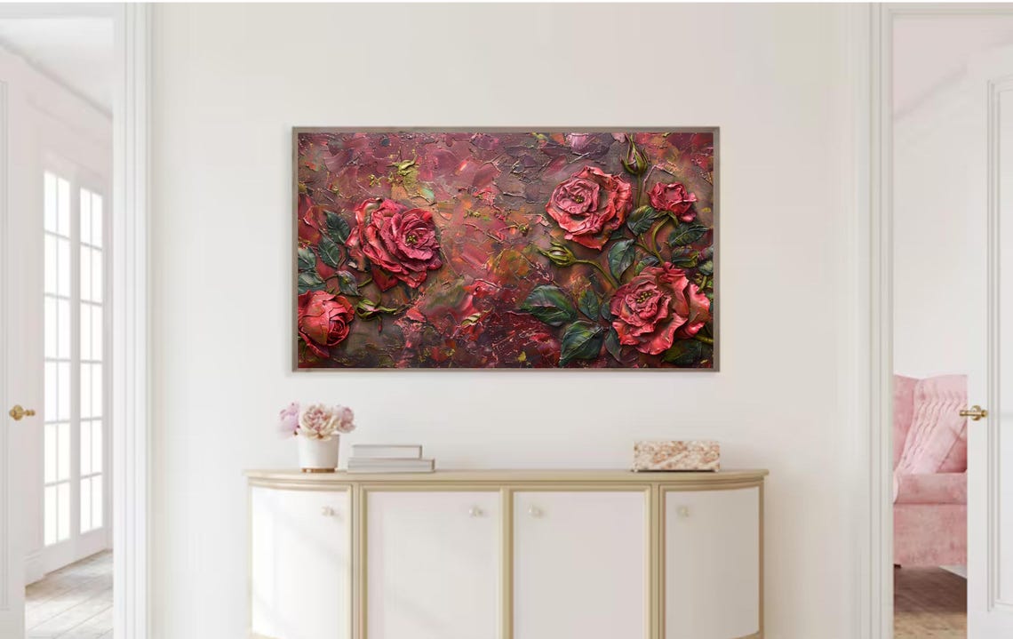 Deep Red Roses Dark Romantic Moody Textured Oil Painting Poster - Image 2