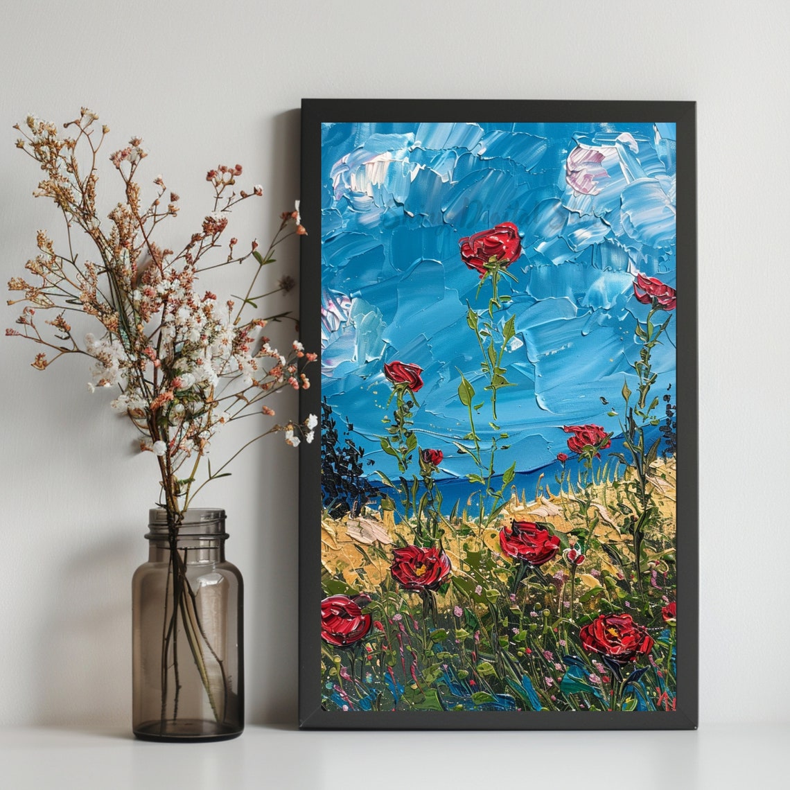 Red Roses Reaching Bright Blue Sky Van Gogh Style Impasto Art Poster - Image 3