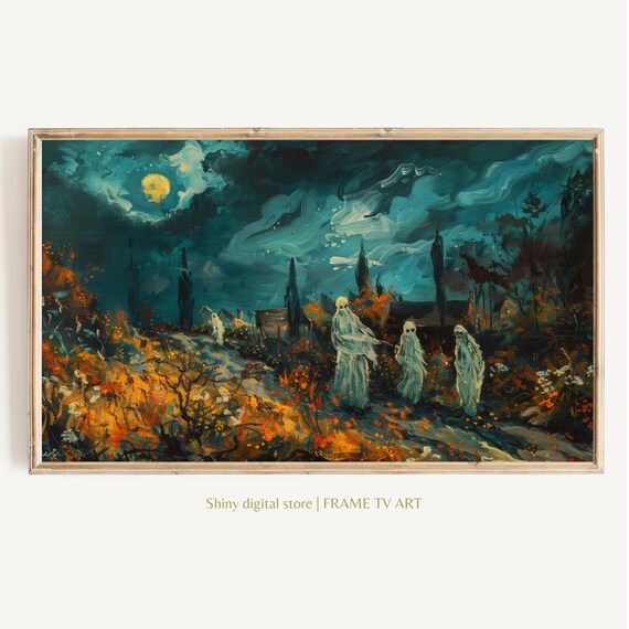 Spooky Ghosts Moonlit Autumn Road Night Sky Halloween Art Poster