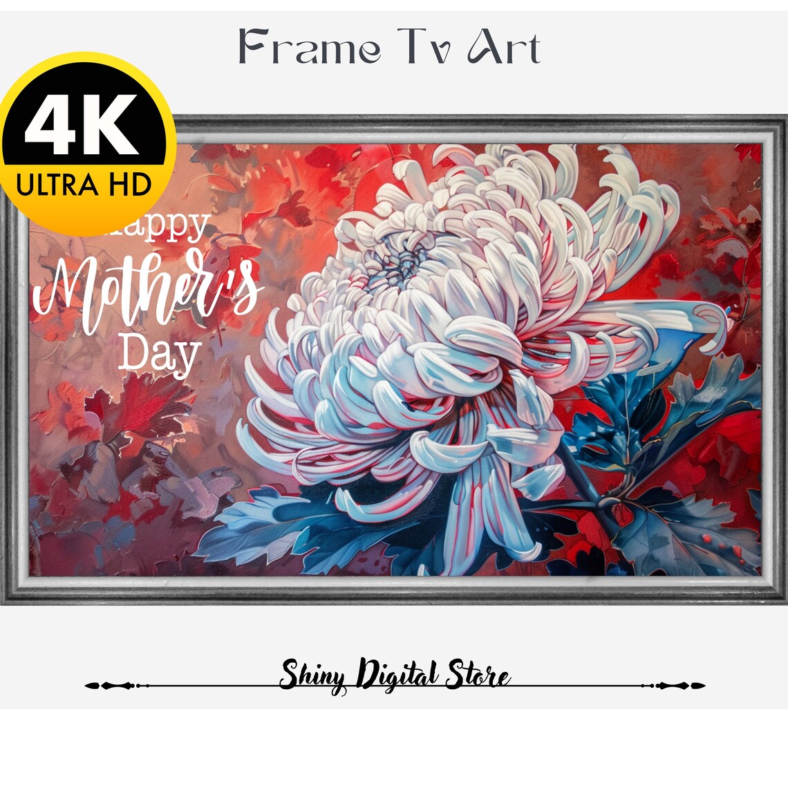 White Chrysanthemum Happy Mothers Day Red Blue Floral Wall Art