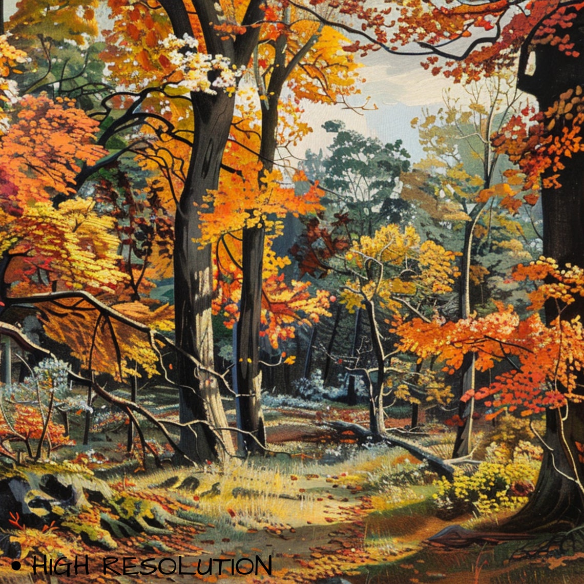 Autumn Forest Sunlit Path Golden Canopy Fall Woods Painting Poster - Image 3