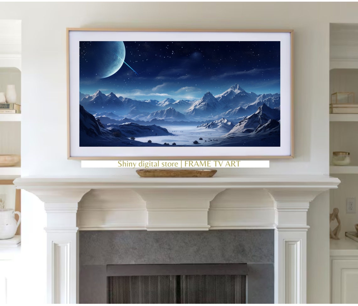 Snowy Mountain Night Giant Moon Planet Starry Sky Space Art Poster - Image 3