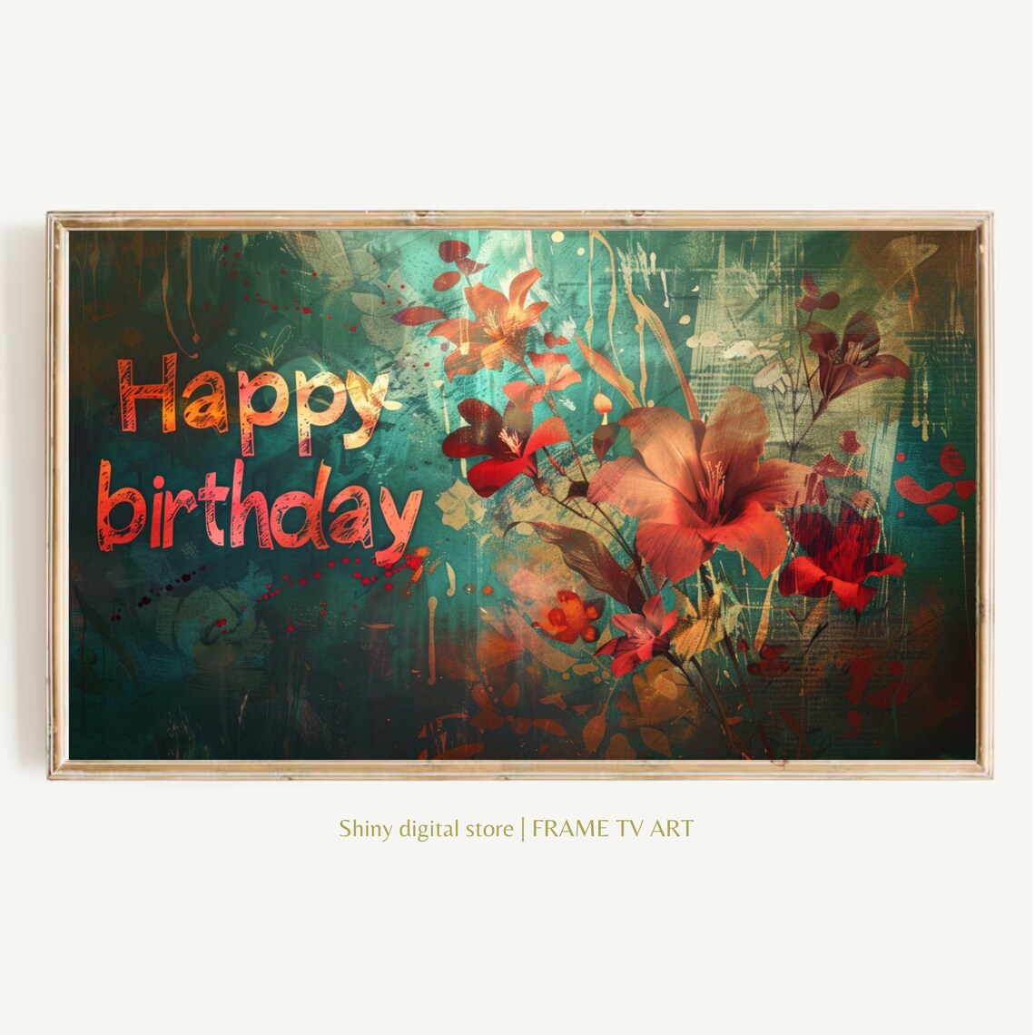 Happy Birthday Floral Art Teal Gold Lilies Party Celebration Poster