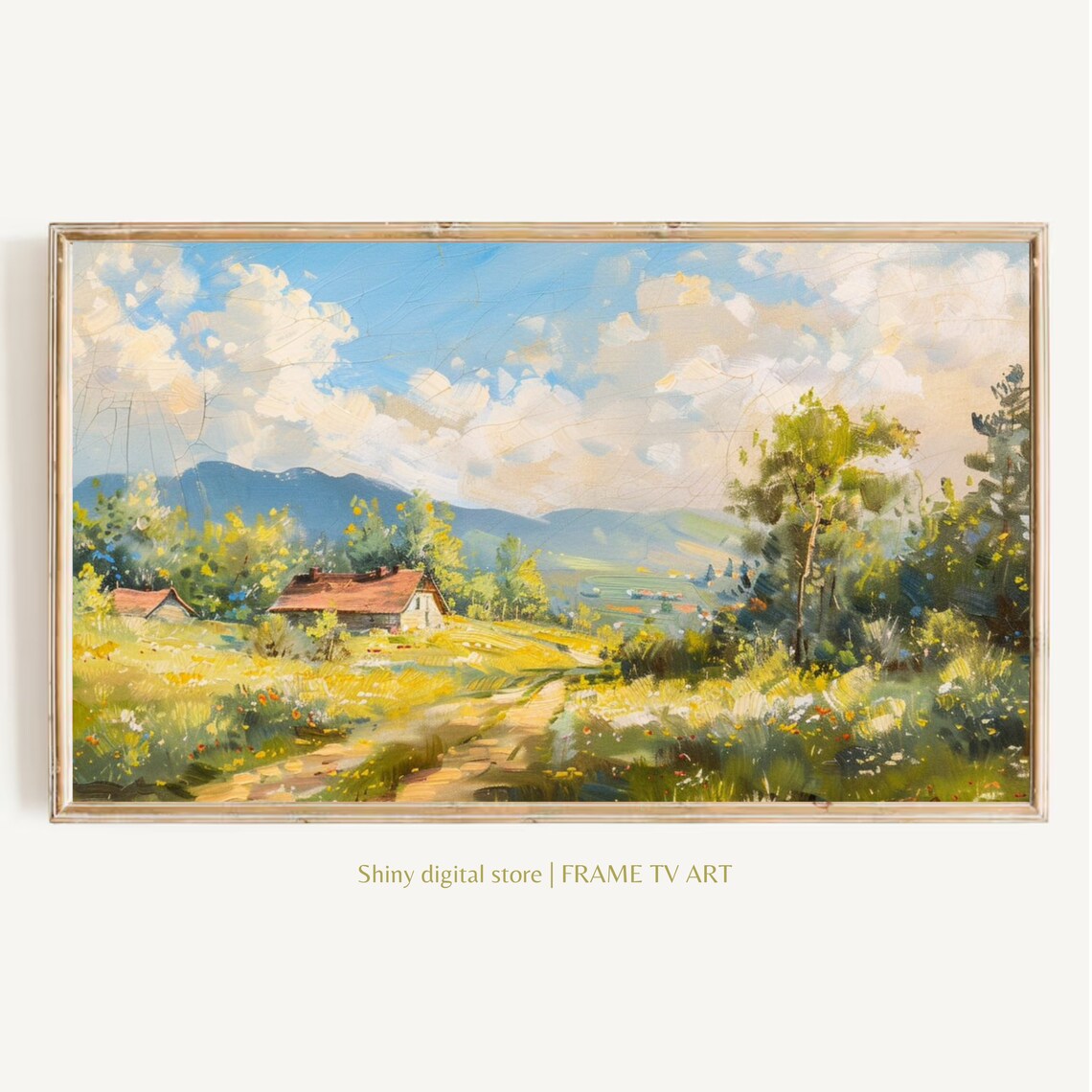 Vintage Summer Farmhouse Meadow Mountain Landscape Oil Art Poster