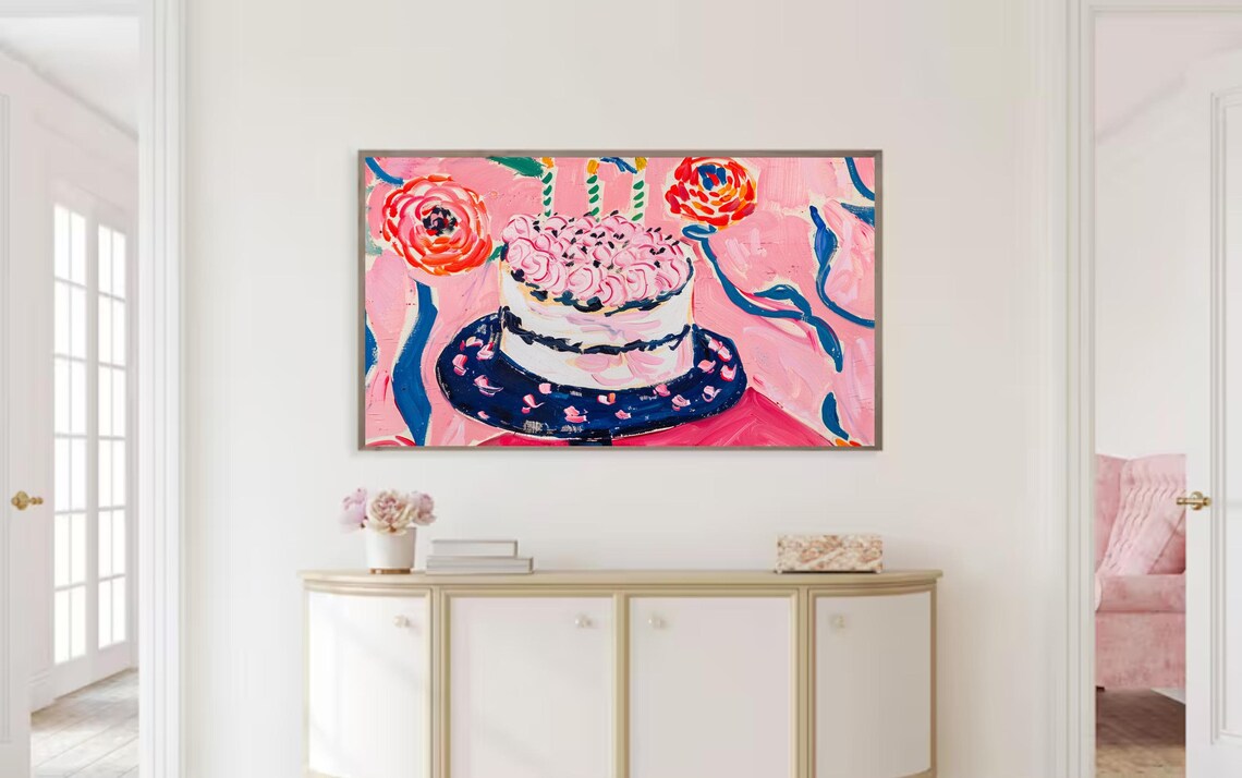 Pink Birthday Cake Floral Still Life Oil Painting Party Art Poster - Image 3