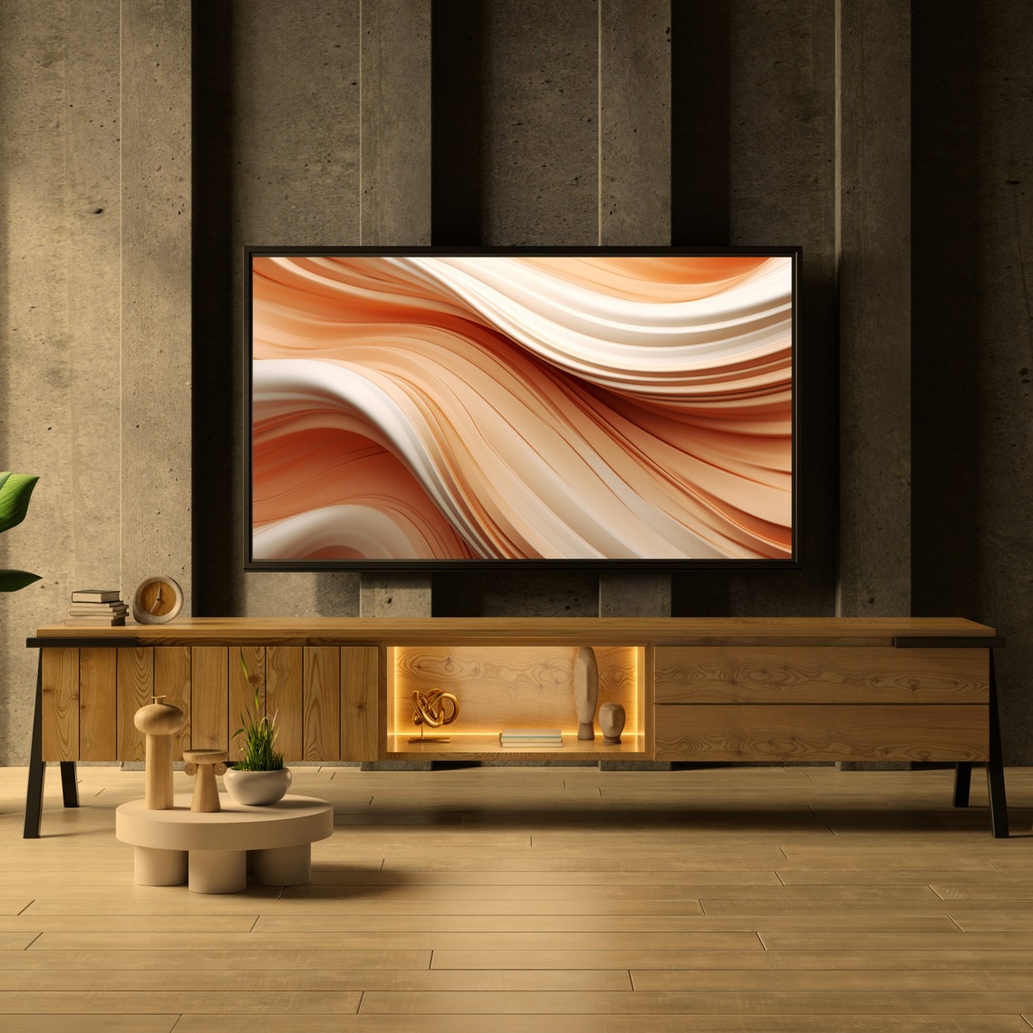 Warm Terracotta Beige Silk Waves Modern Abstract Swirl Wall Art - Image 2