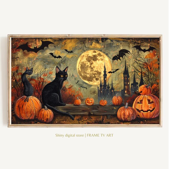 Retro Black Cats Pumpkins Bats Full Moon Halloween Card Style Wall Art