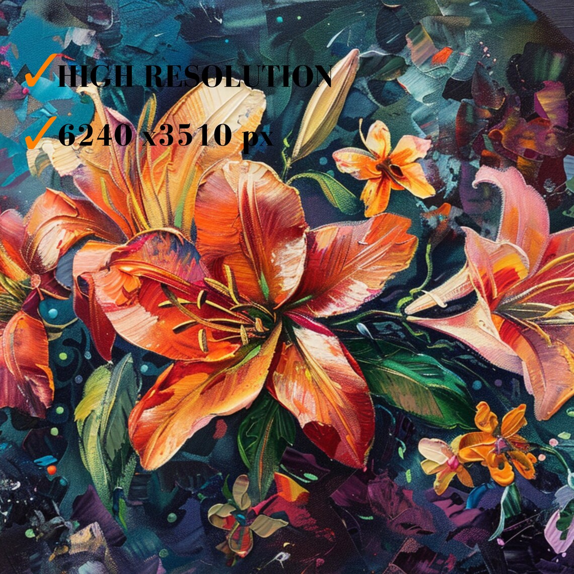 Orange Lilies On Dark Floral Still Life Textured Oil Painting Poster - Image 3