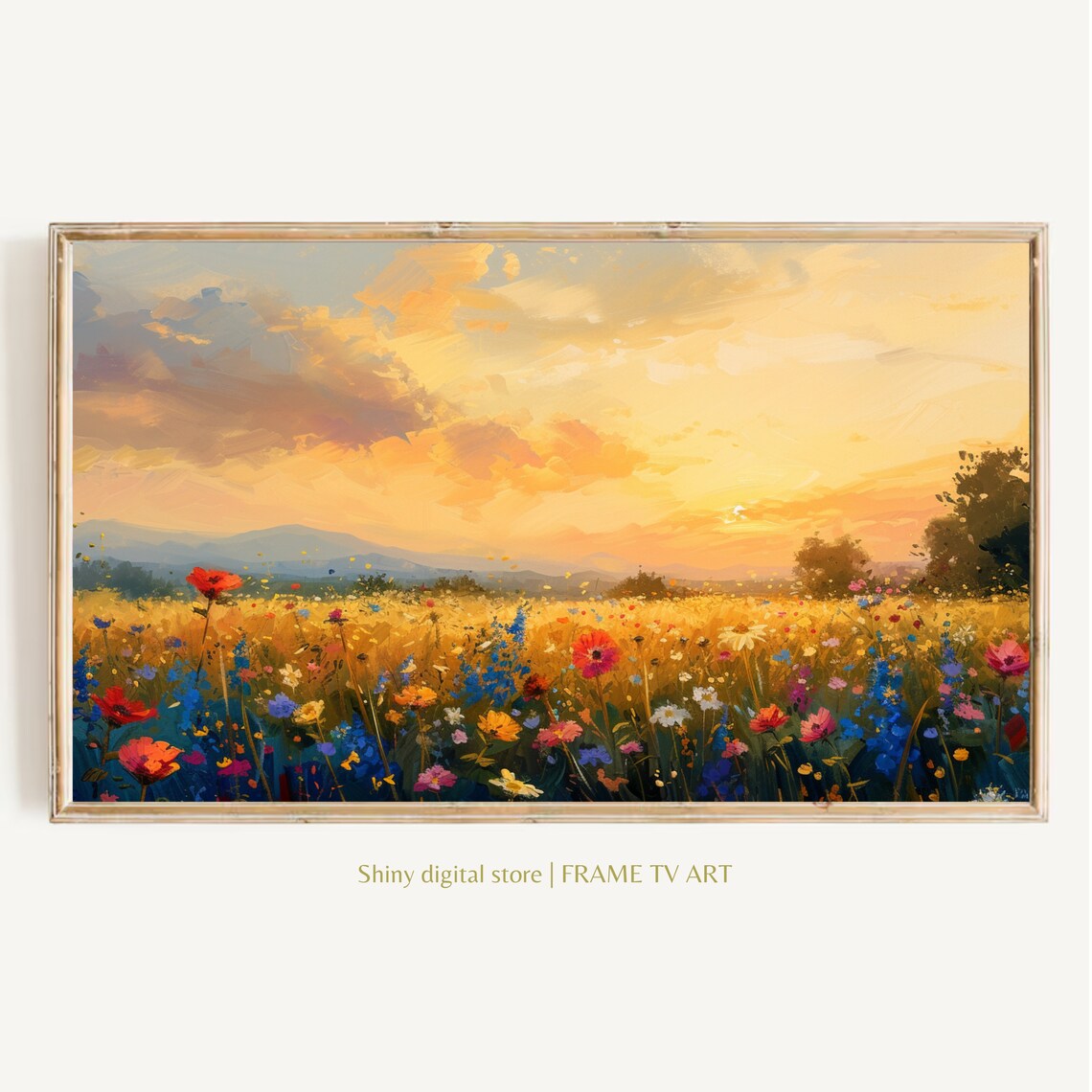 Golden Sunset Wildflower Field Landscape Oil Painting Spring Poster