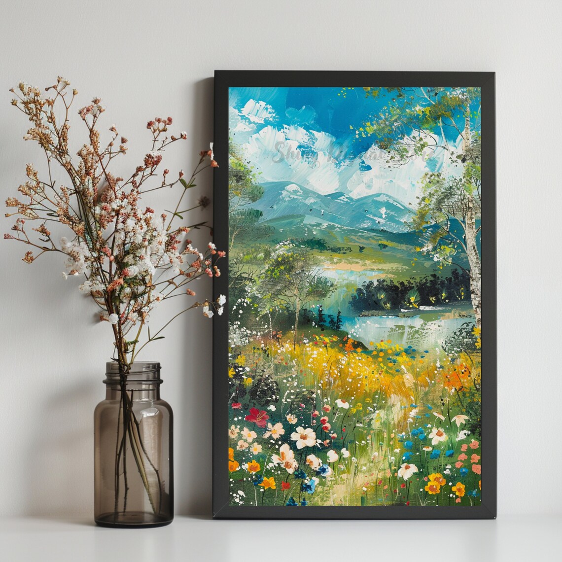 Wildflower Meadow Mountain Lake Birch Trees Summer Landscape Poster - Image 2