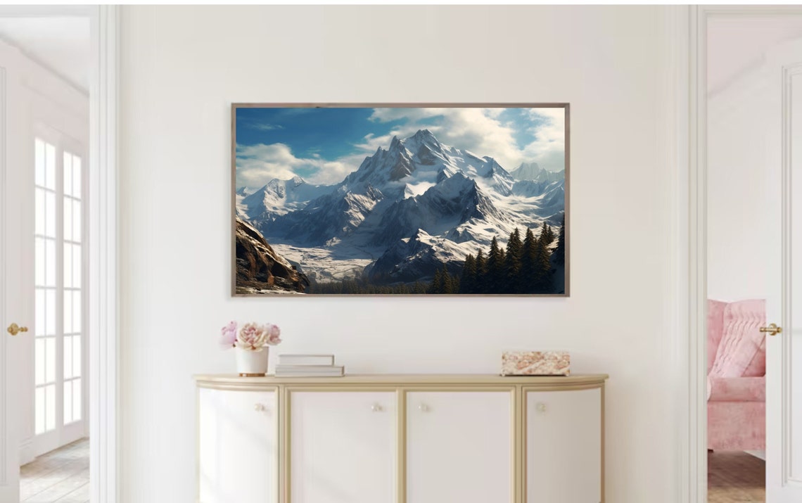 Snowy Mountain Range Blue Sky Pine Trees Winter Landscape Poster - Image 2