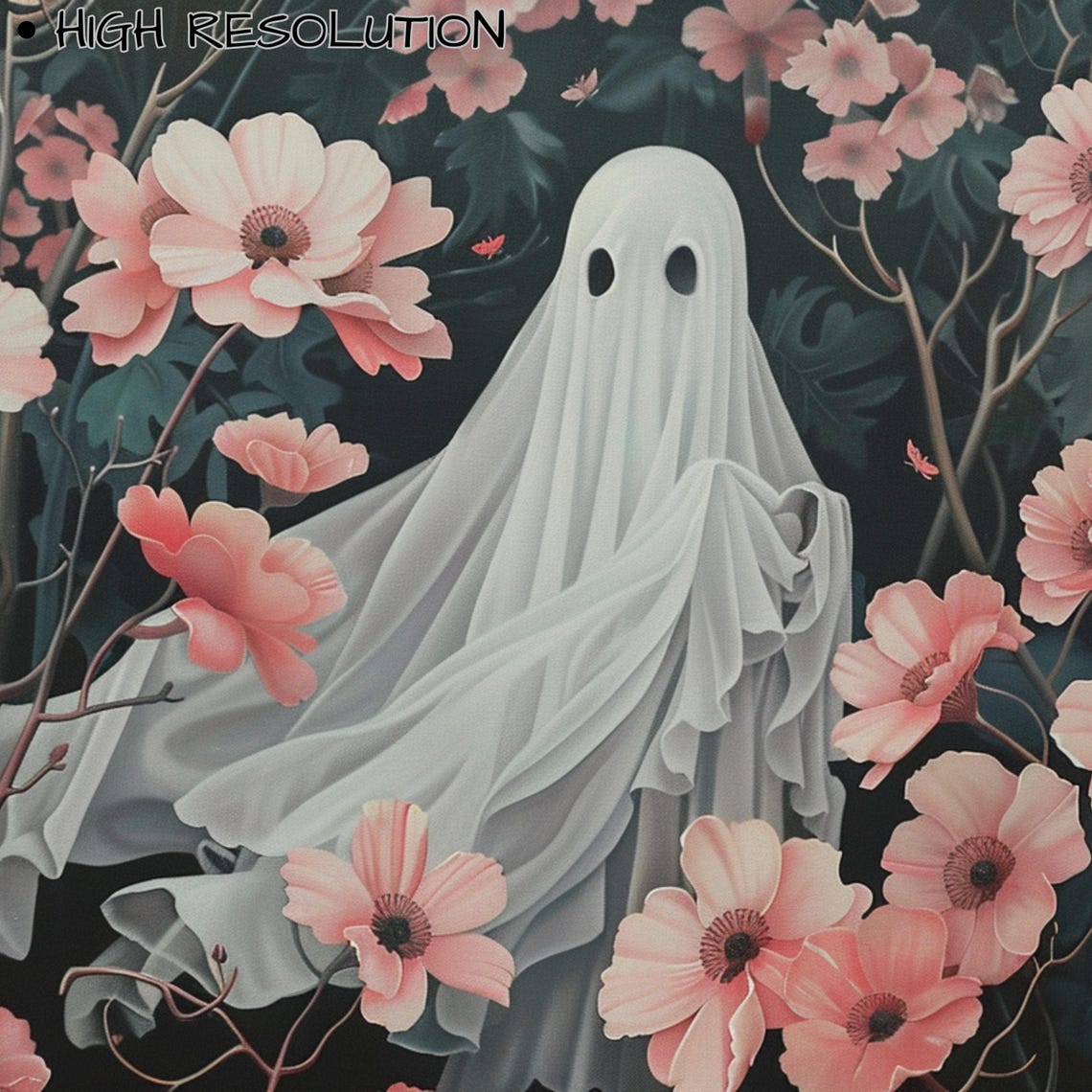 Cute White Ghost Among Pink Cosmos Flowers Halloween Floral Wall Art - Image 3