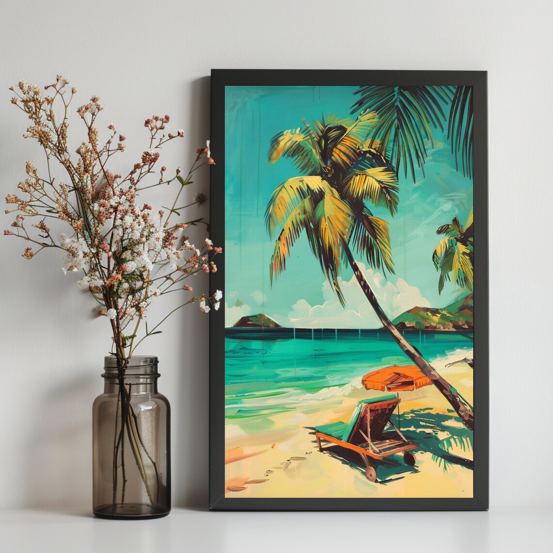 Tropical Palm Beach Lounge Chair Retro Turquoise Sea Travel Poster - Image 2