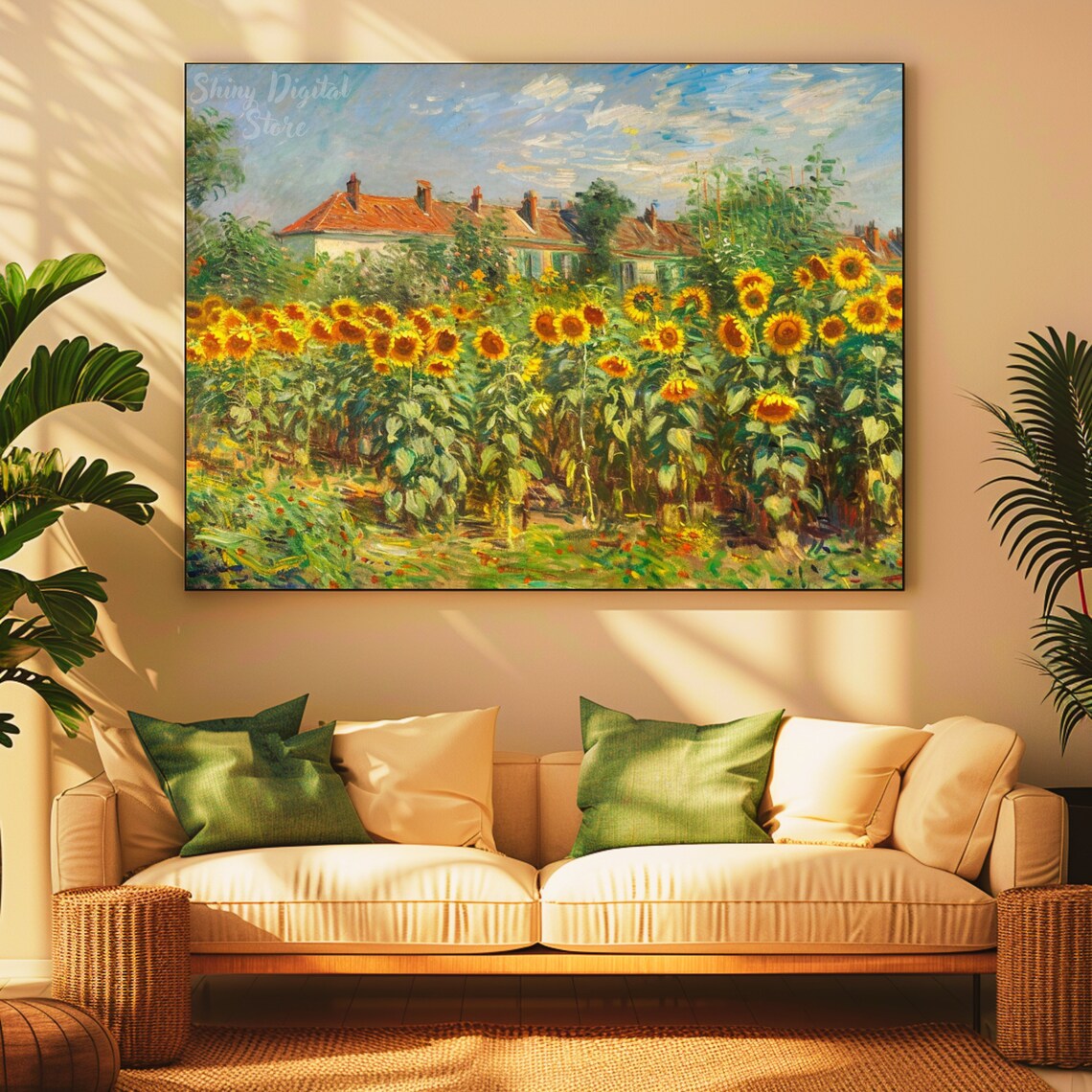 Sunflower Field Impressionist Painting Country Houses Summer Bloom Art Poster - Image 2
