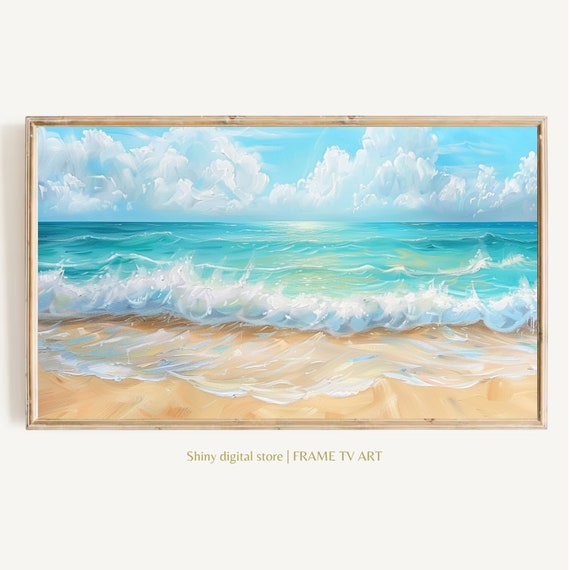 Summer Frame Tv Art Colorful Beach Seascape Instant Painting Textured Cute Pastel Art For Tv