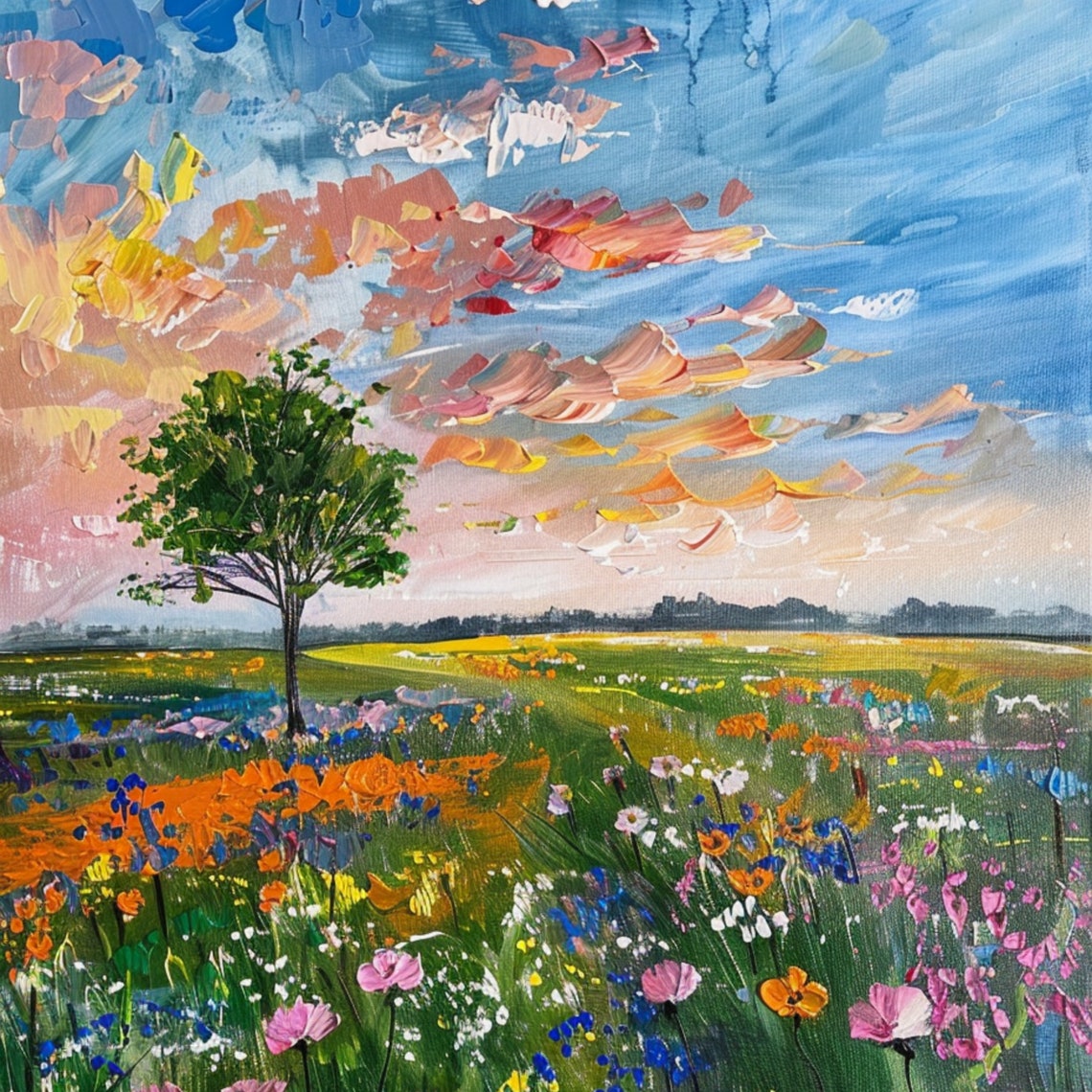 Lone Tree Wildflower Field Dramatic Sunset Sky Summer Landscape Poster - Image 3