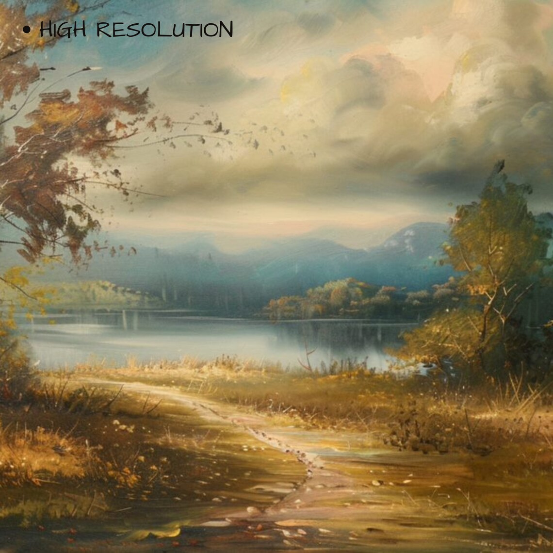 Moody Vintage Lake Landscape Autumn Path Antique Oil Art Poster - Image 3