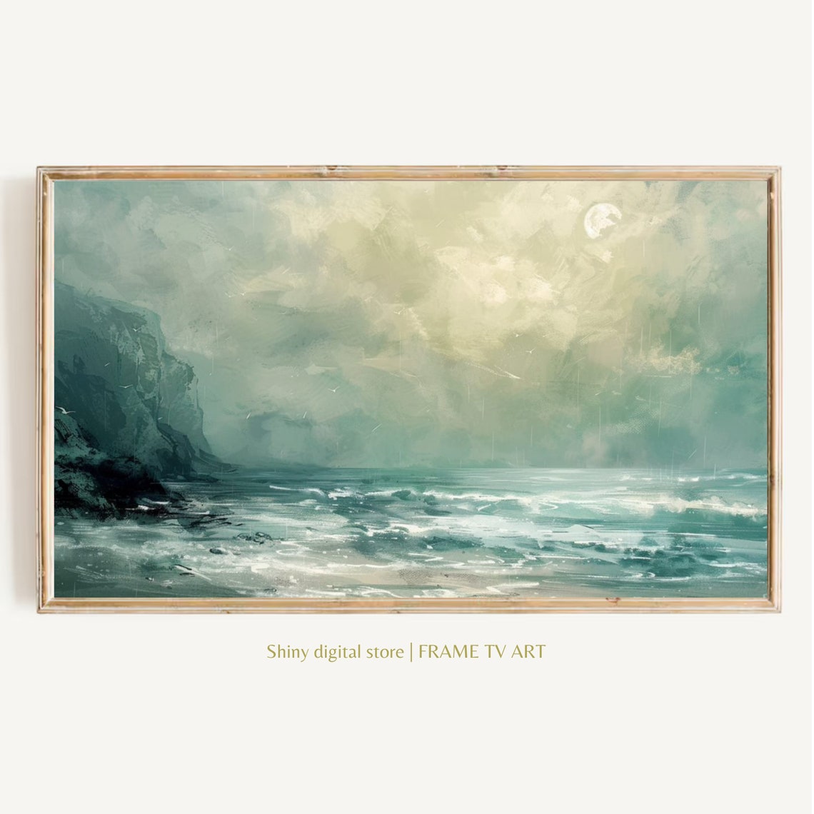 Muted Neutral Coastal Seascape Cliffs Moonlight Vintage Art Poster