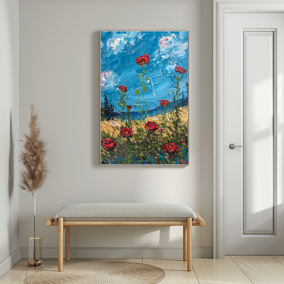 Red Roses Reaching Bright Blue Sky Van Gogh Style Impasto Art Poster - Image 2