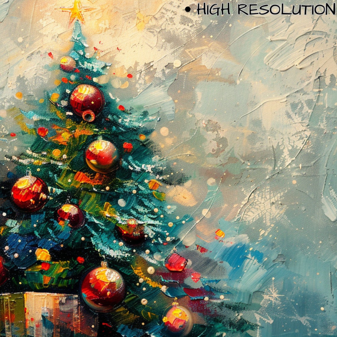 Christmas Tree Red Ornaments Snowy Impasto Holiday Painting Art Poster - Image 3