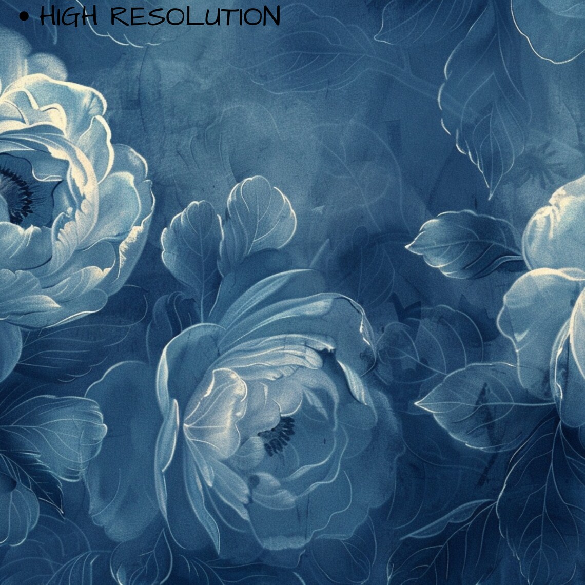 Blue Monochrome Peonies Indigo Floral Painting Elegant Navy Art Print - Image 3