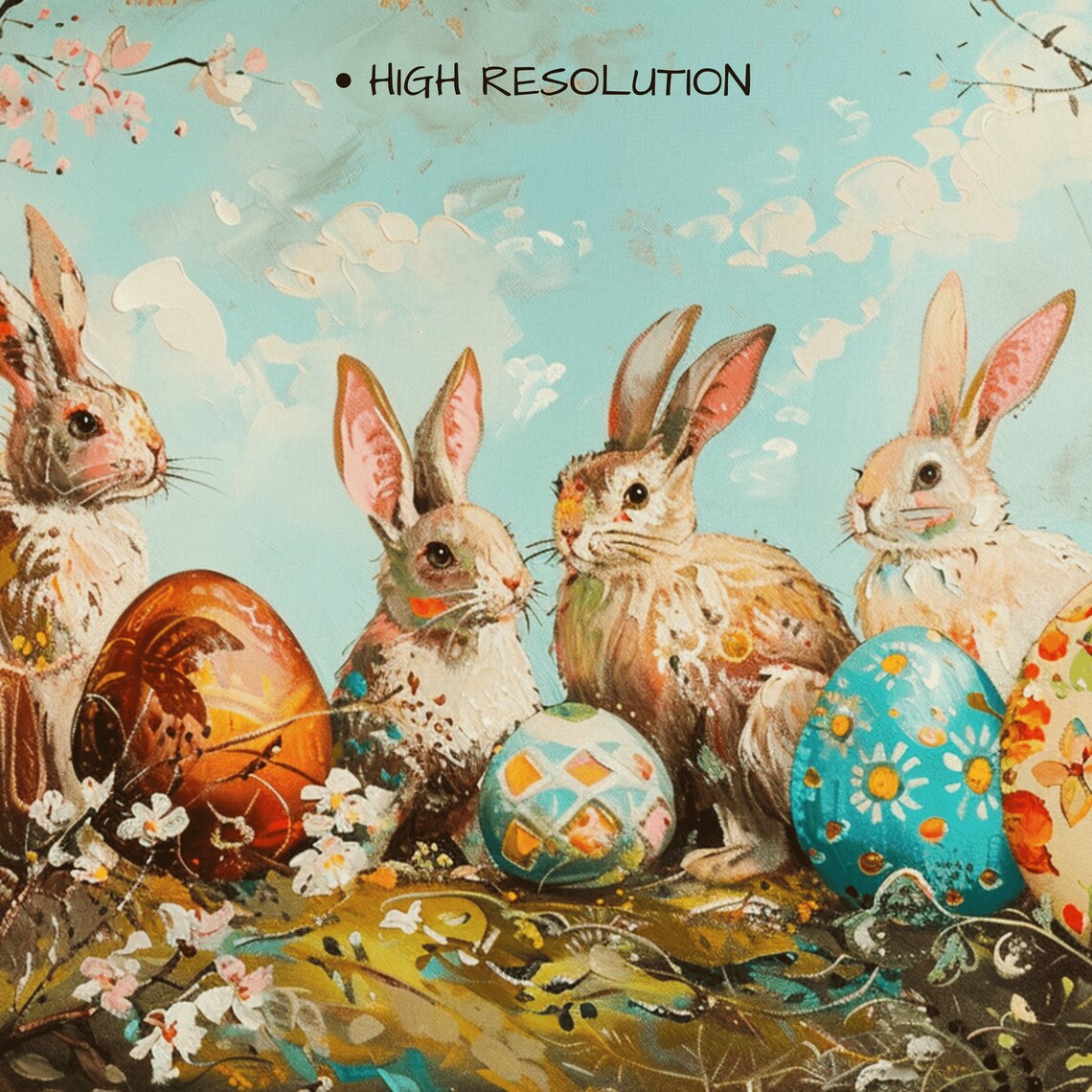 Vintage Easter Bunny, Rabbits With Eggs Painting - Image 3