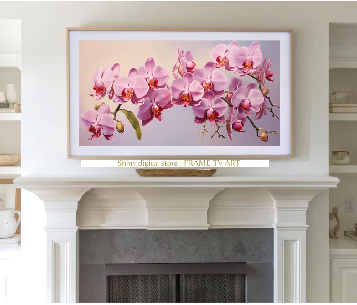 Pink Orchid Blossoms Soft Lavender Background Elegant Floral Print - Image 2