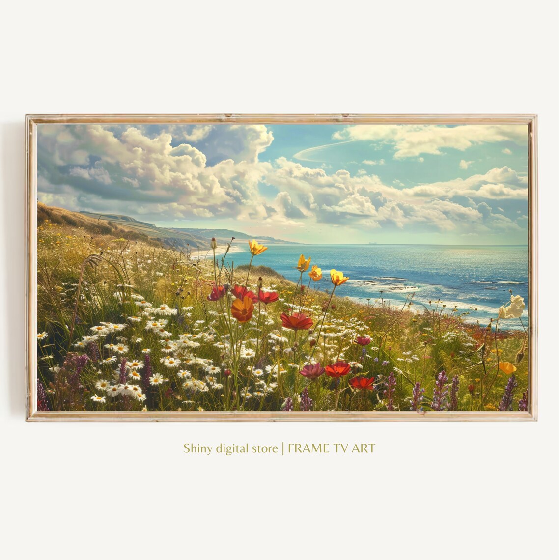 Sunny Coastal Wildflower Meadow Daisies Poppies Sea View Art Print