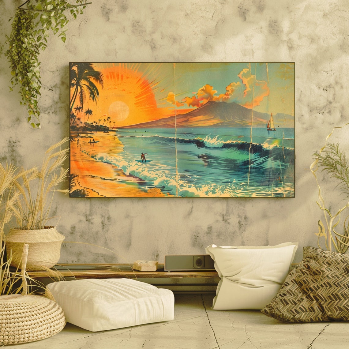 Framed Beach Surf Art For Frame Tv Vintage Palm Scene Volcano Abstract Painting Beach Decor Art - Image 2