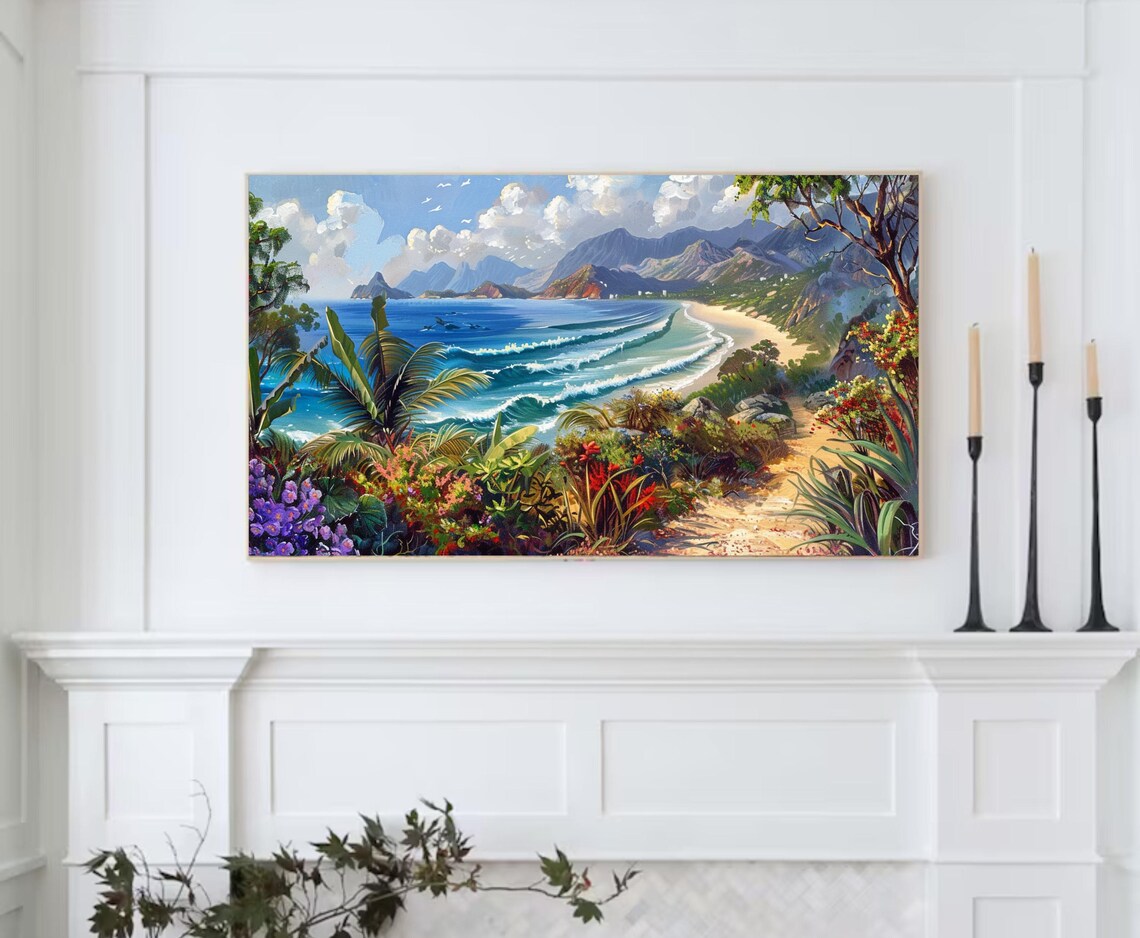 Tropical Coastal Bay Vintage Painting Beach Mountains Lush Flowers Travel Print - Image 2