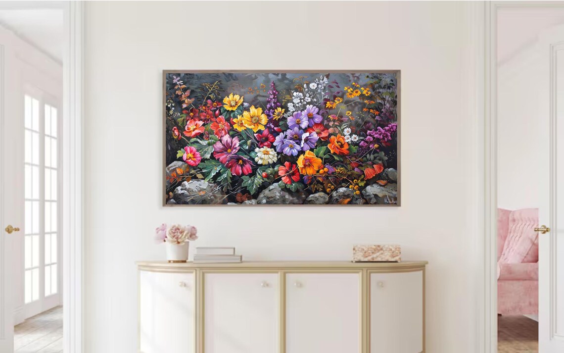 Colorful Wildflower Garden Against Gray Stone Wall Floral Poster - Image 2