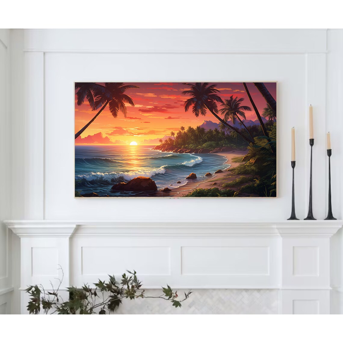 Tropical Cove Sunset Leaning Palms Turquoise Waves Illustration Poster - Image 2
