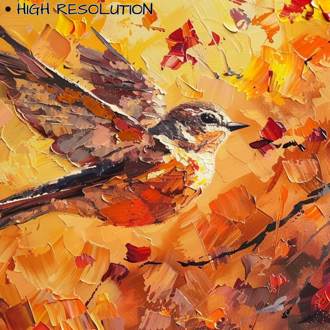 Songbird In Flight Orange Autumn Leaves Impasto Bird Painting Poster - Image 3