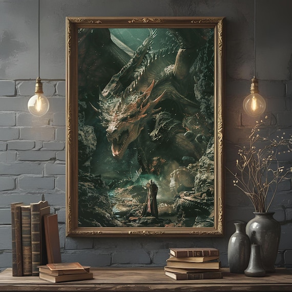 Dragon Wall Art Fantasy Poster Dark Decor Gamer For Him Medieval Room Gift Husband