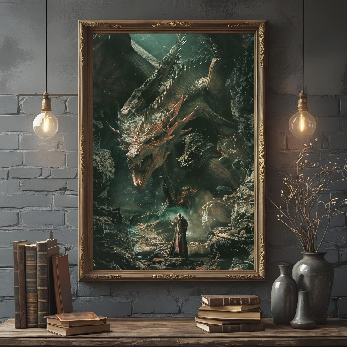 Dark Dragon Lair Epic Medieval Fantasy Cave Artwork Scene Poster