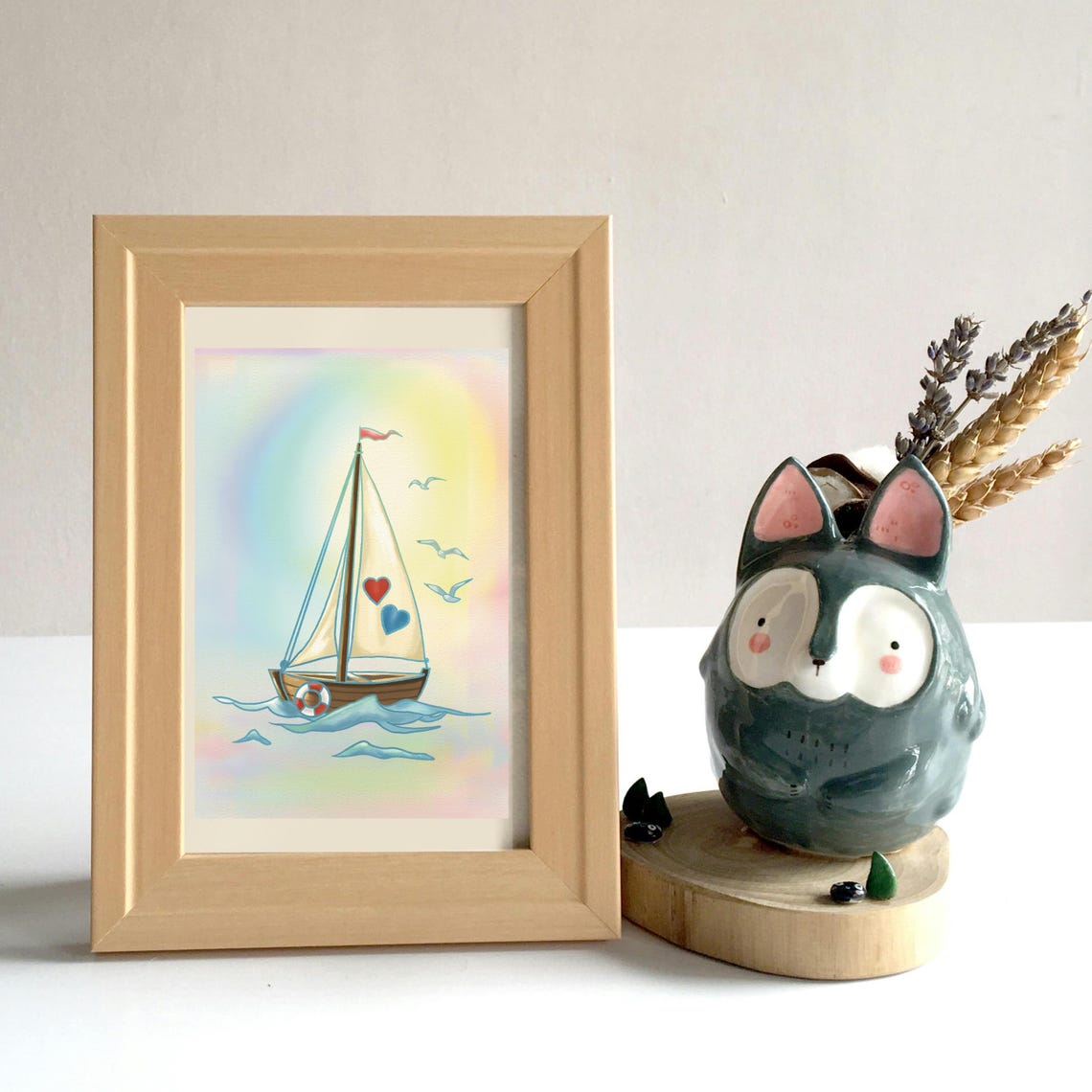Sailboat With Heart Sails on Waves Rainbow Nautical Art Poster - Image 2