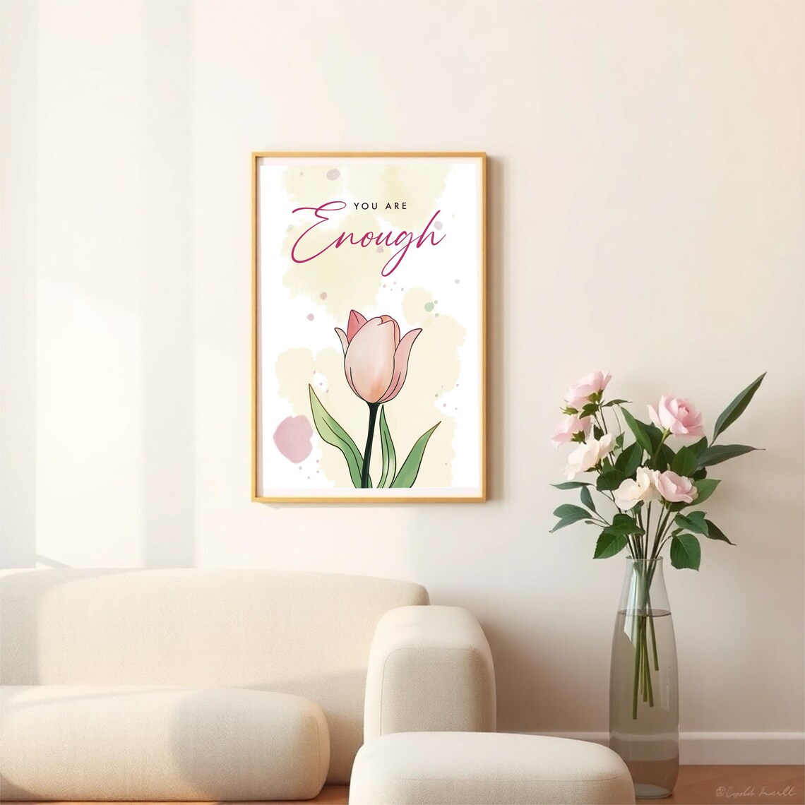 You Are Enough Quote With Pink Tulip Soft Watercolor Motivational Poster
