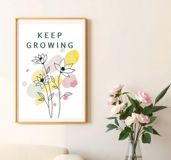 Keep Growing Pastel Abstract Botanical Line Art Floral Quote Poster
