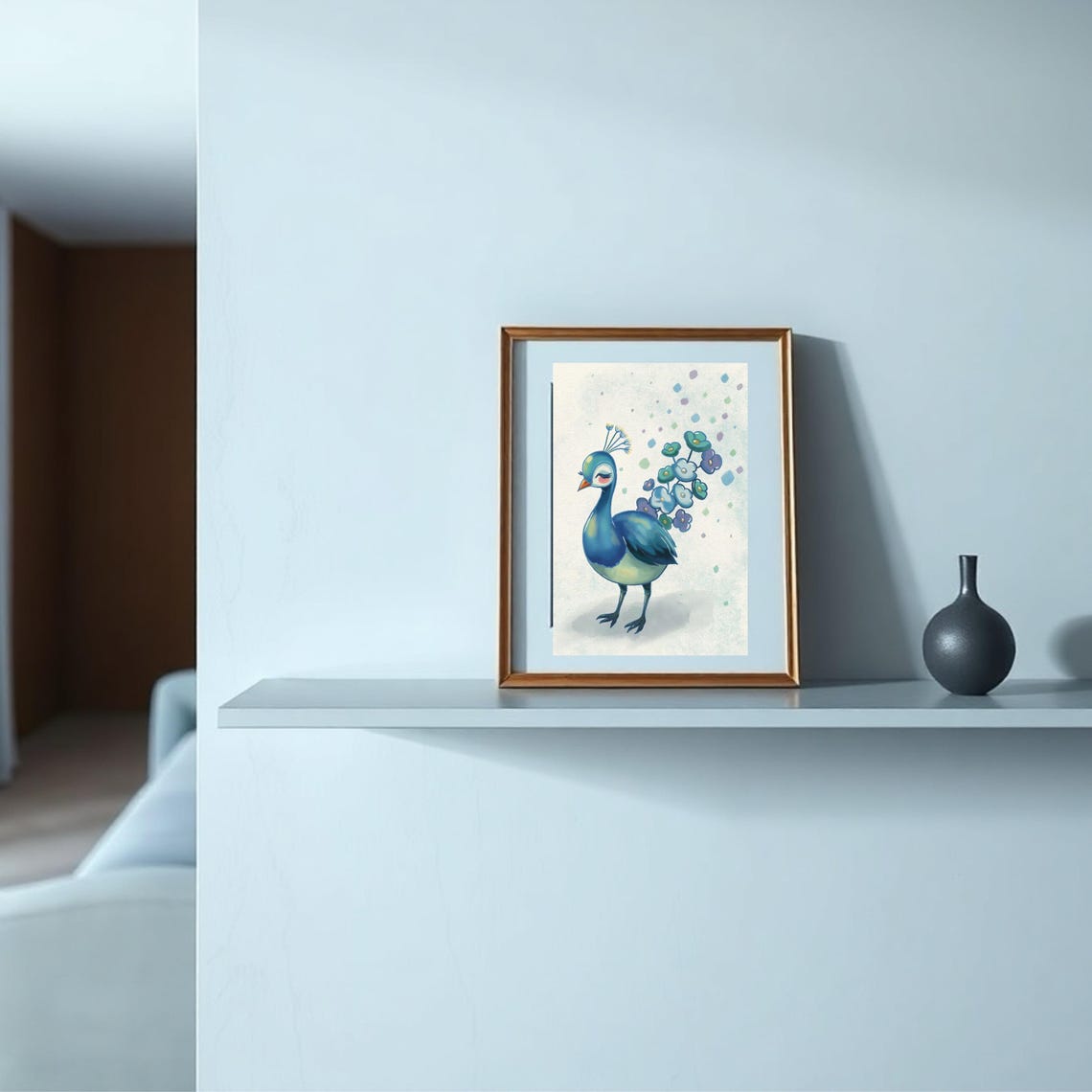Blue Peacock With Floral Tail Feathers Watercolor Bird Art Poster - Image 3