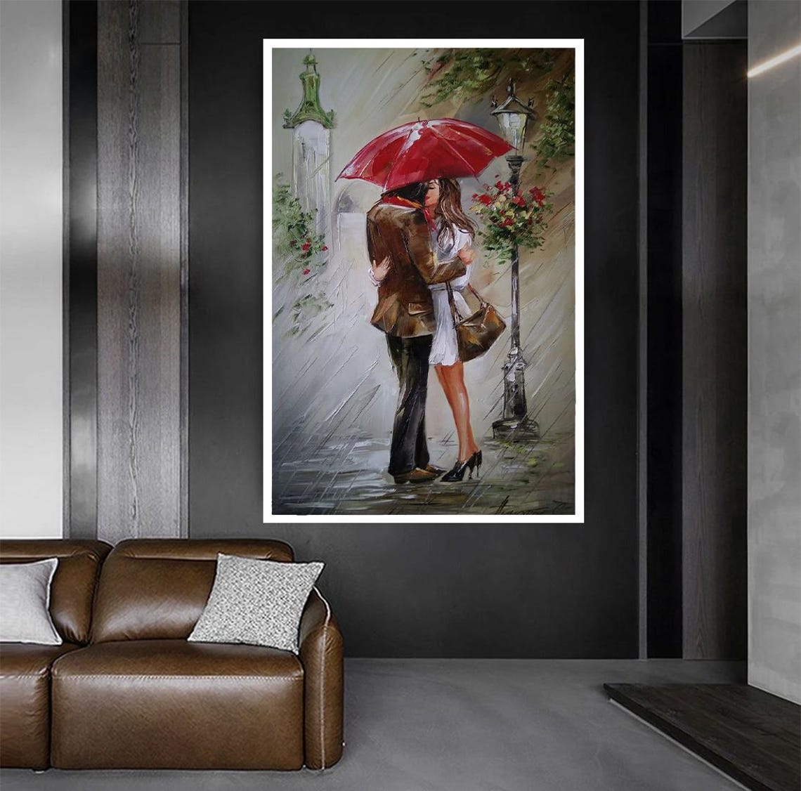 Romantic Couple Kissing Under A Red Umbrella In The Rain Poster - Image 4